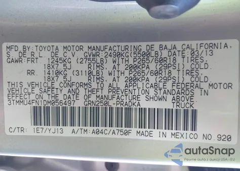 2013 Toyota Tacoma Base V6 из США, поврежденный, VIN 3TMMU4FN1DM056497